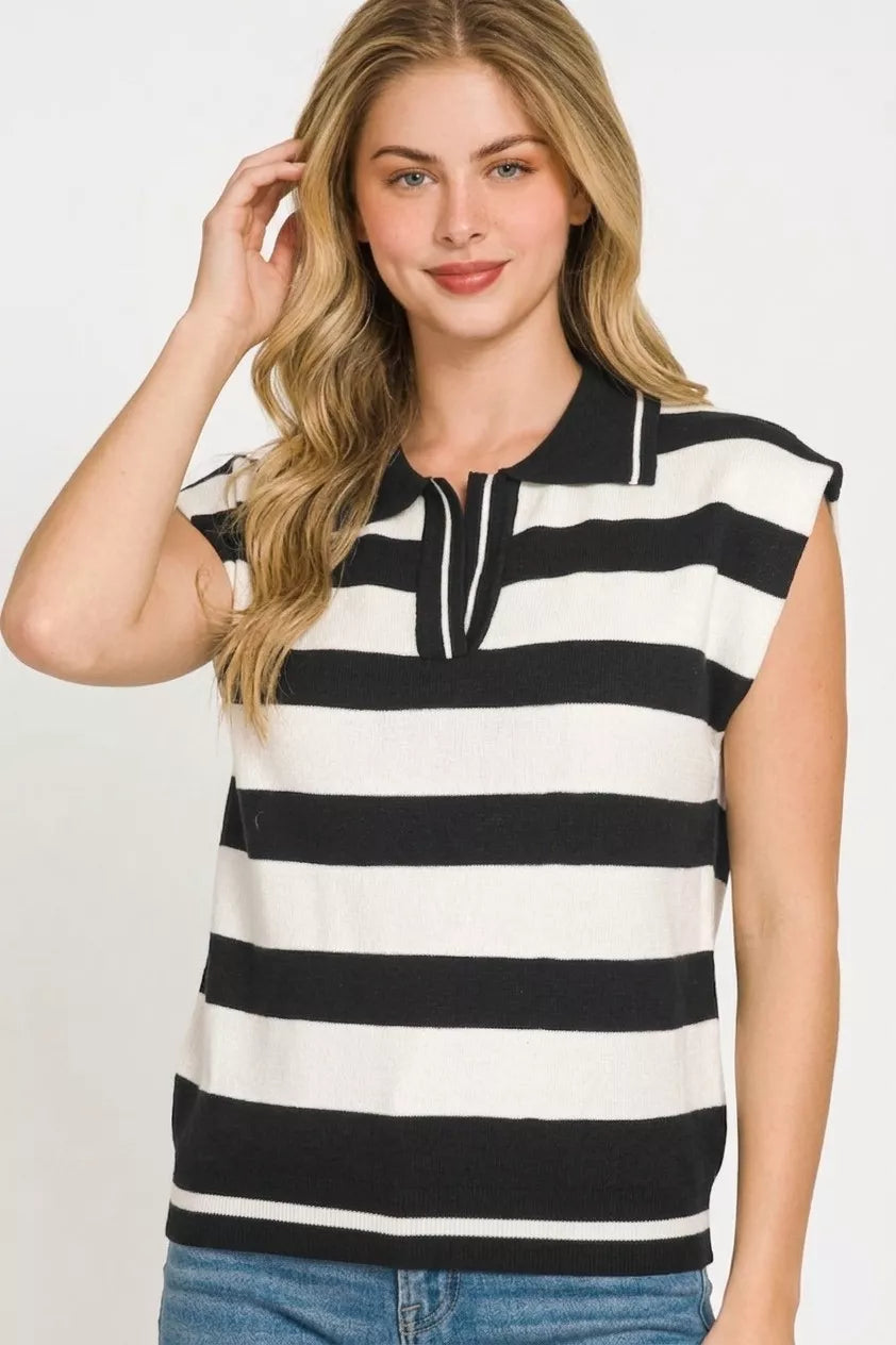 Alternate front view of Zenana striped collared sweater vest. Open collar detail. Slightly stretched armhole. Knit texture visible. Layered over a white button down shirt. Preppy casual style.