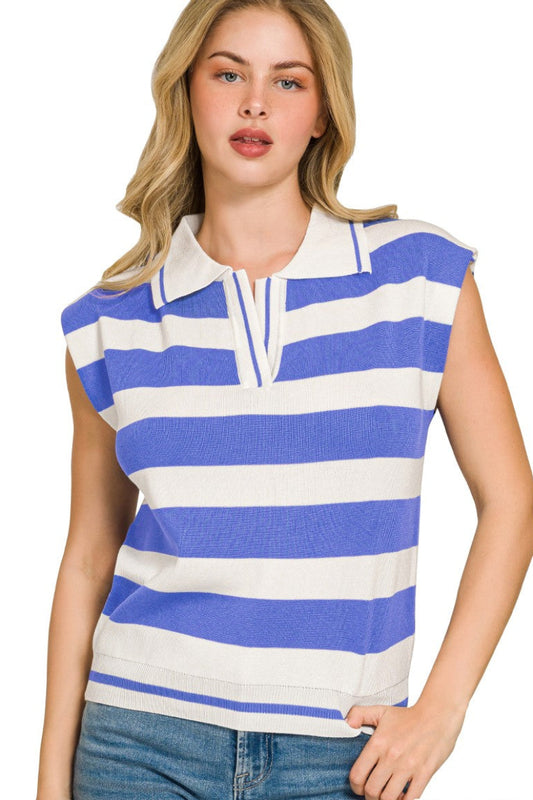 Front view of Zenana viscose striped collared sweater vest with polo neck and sleeveless design in soft knit.