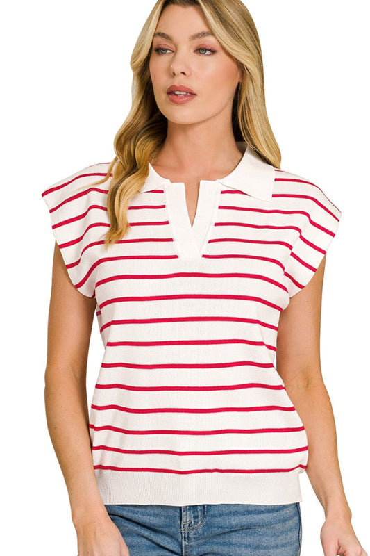 Front view of Zenana Viscose Striped Collared Sweater Vest, styled for casual layering for US women