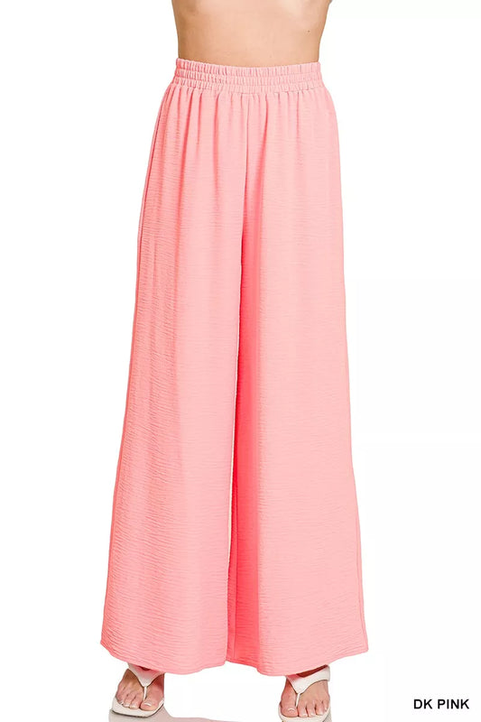 Zenana woven airflow elastic waistband pants front view showing relaxed fit
