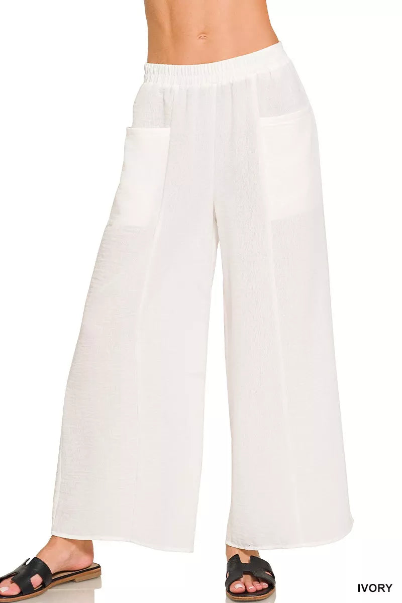 Zenana Woven Airflow Elastic Waistband Pants with Pockets