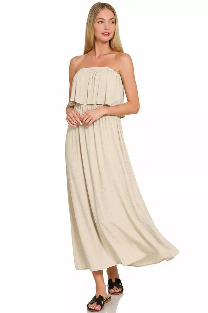 Second side view of Zenana Woven Crinkle Strapless Maxi Dress showing relaxed fit and lightweight crinkle material