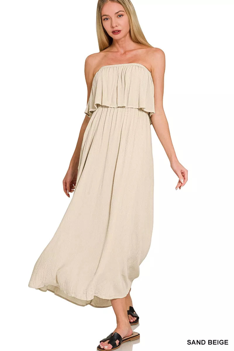 Front view of Zenana Woven Crinkle Strapless Maxi Dress showing lightweight crinkle fabric and relaxed summer fit