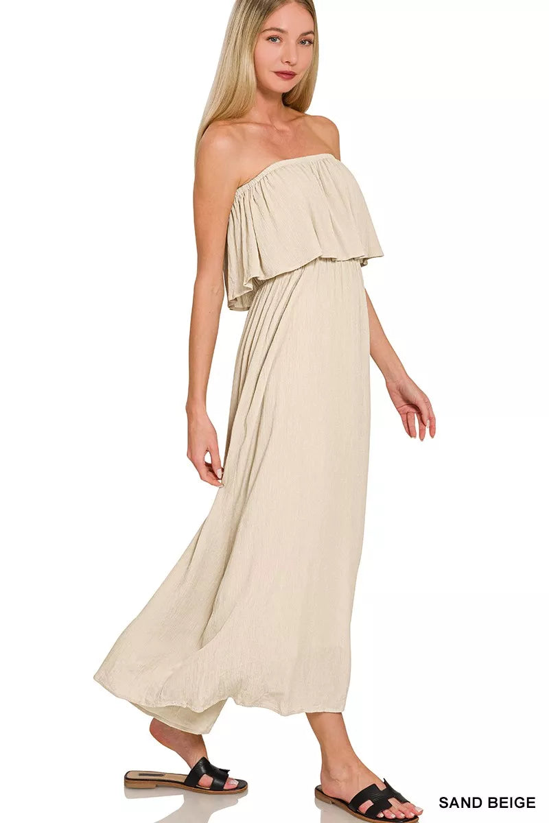 Side view of Zenana Woven Crinkle Strapless Maxi Dress highlighting flowy strapless silhouette and breathable summer fabric