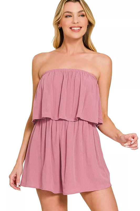 Front view of Zenana Woven Crinkle Strapless Romper in black, styled for casual summer outfit