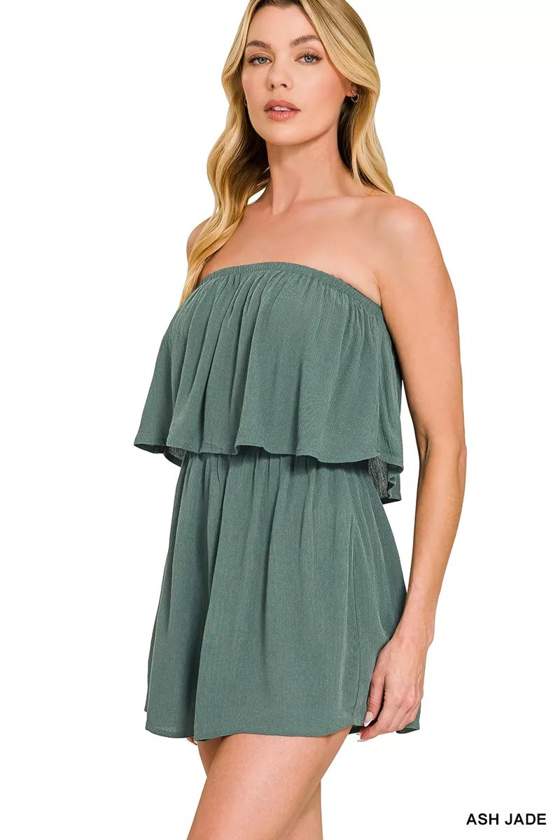 Zenana Woven Crinkle Strapless Rompers side view showing relaxed fit and breezy crinkle fabric silhouette
