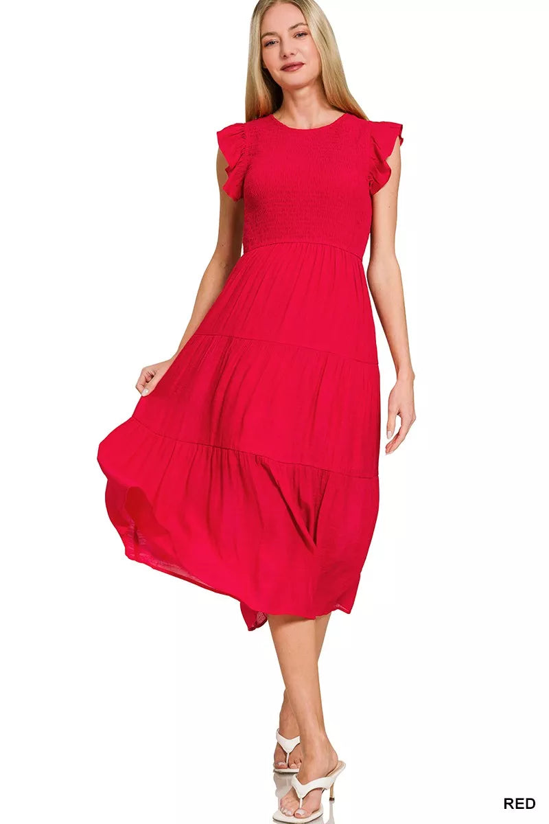 Zenana Smocked Ruffle Sleeve Midi Dress | Flowy Womens Boutique Style