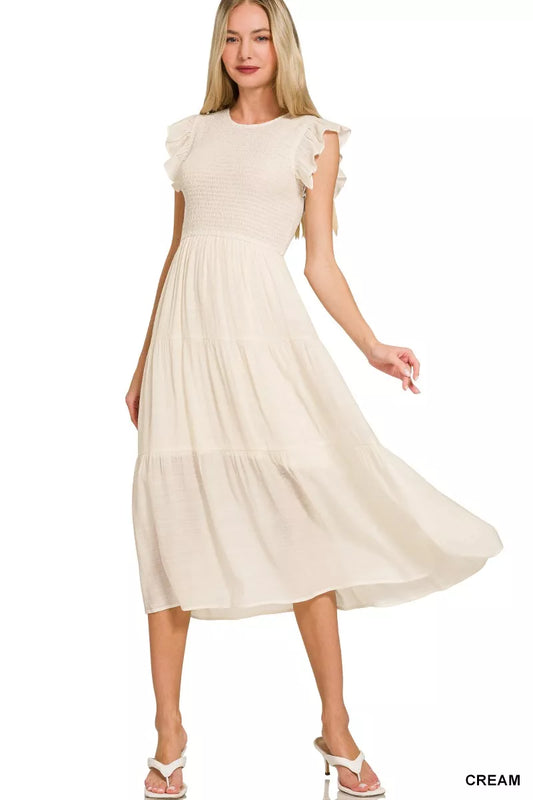 Front view of Zenana woven smocked ruffle sleeve midi dress showing flowy fit, ruffled sleeves, and comfortable silhouette
