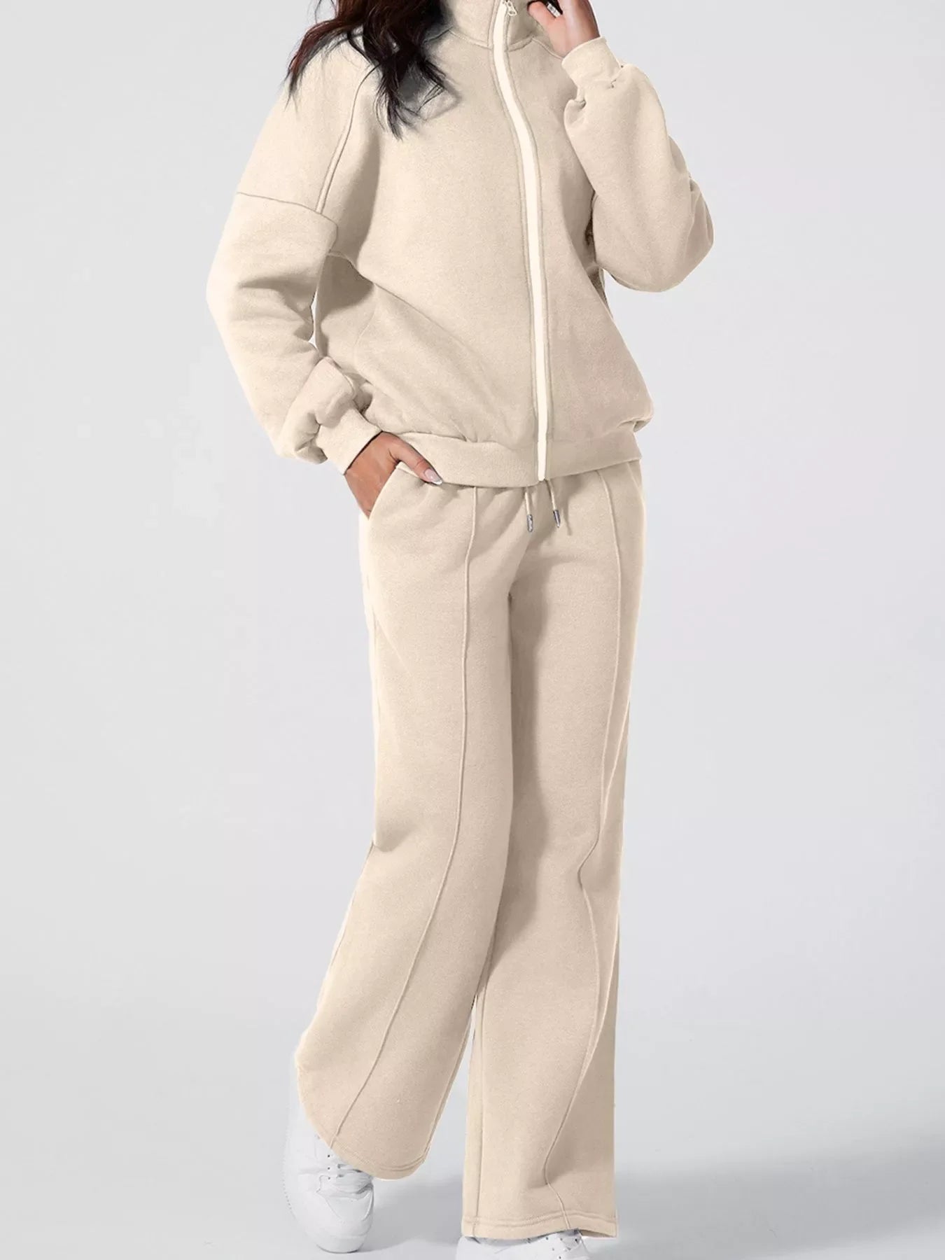 Drop Shoulder Zip Up Jacket & Drawstring Pants Set Activewear